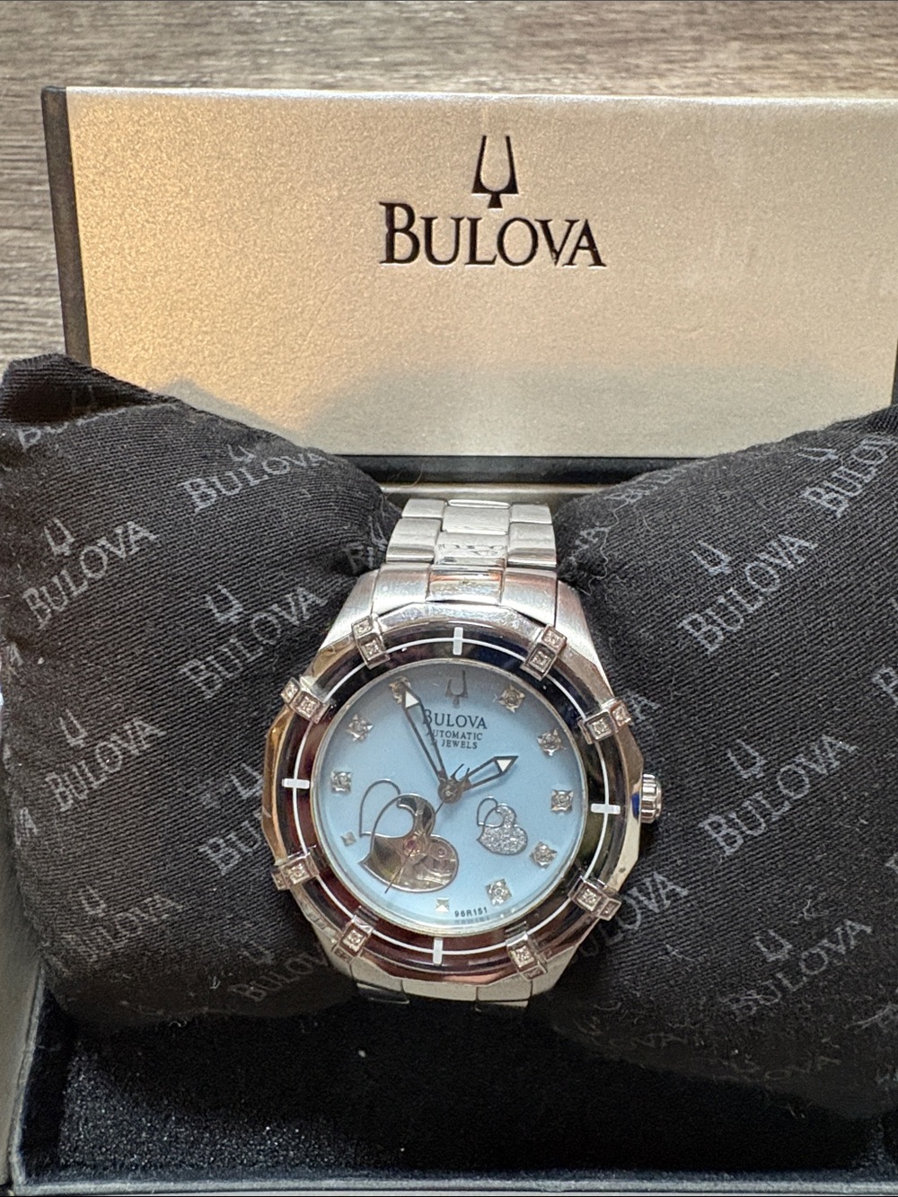 Bulova Silver Bracelet Watch with Light Blue Dial and Heart Open-Heart